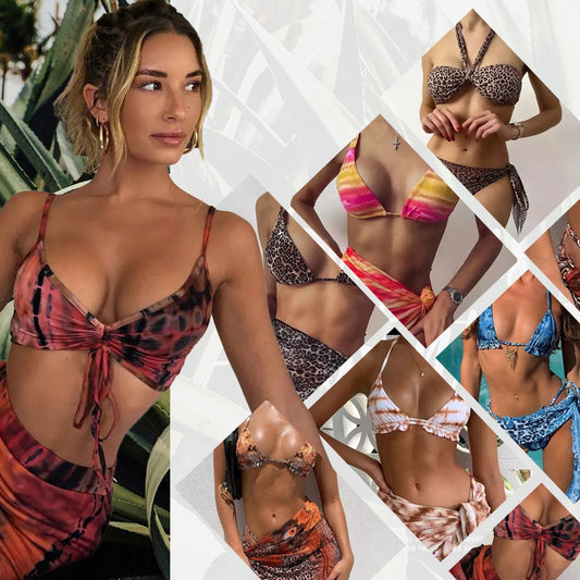 Women Leopard Bandage Swimsuit Bikini  Bathing Suit 3pcs